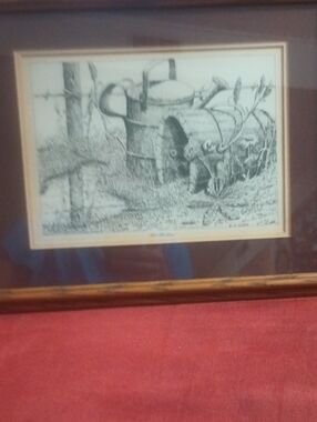E j Ayers Framed Vintage Watering Can Pen & Ink Print - Brown Mat